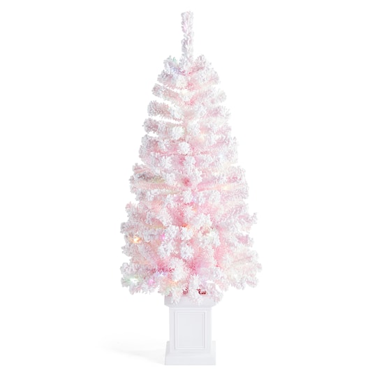 Glitzhome® 4ft Pre-Lit Flocked Pink Artificial Christmas Porch Tree, Multi-color LED Lights